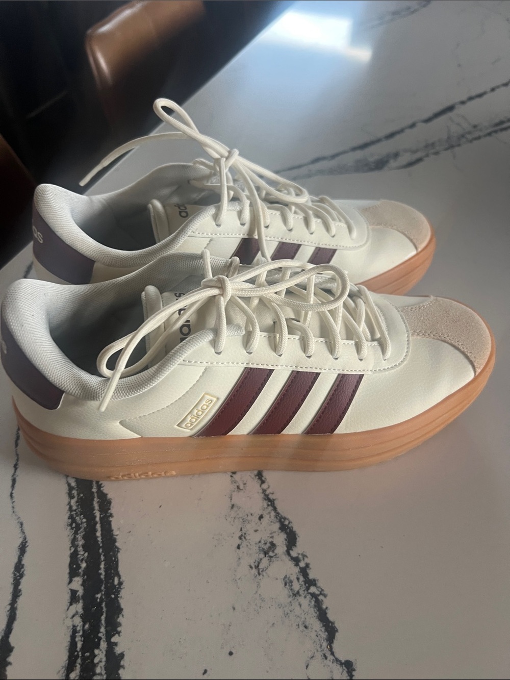 adidas Women's White Sneakers with Burgundy Stripes and Gum Sole Platform